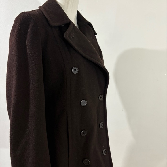 Vtg Perry Ellis Portfolio Pea Coat Brown 100% Merino Wool Size 4P Made USA - Picture 2 of 12